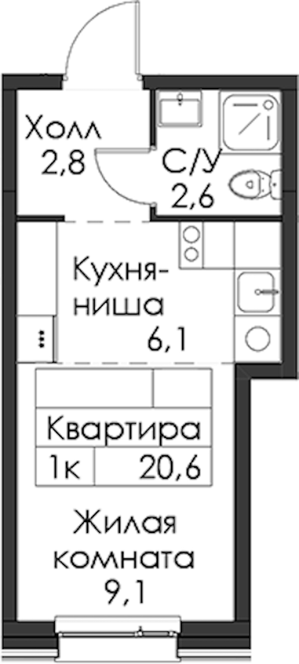 Квартира студия 20.6 м², 7/8 эт., ЖК «Шкиперский 19»